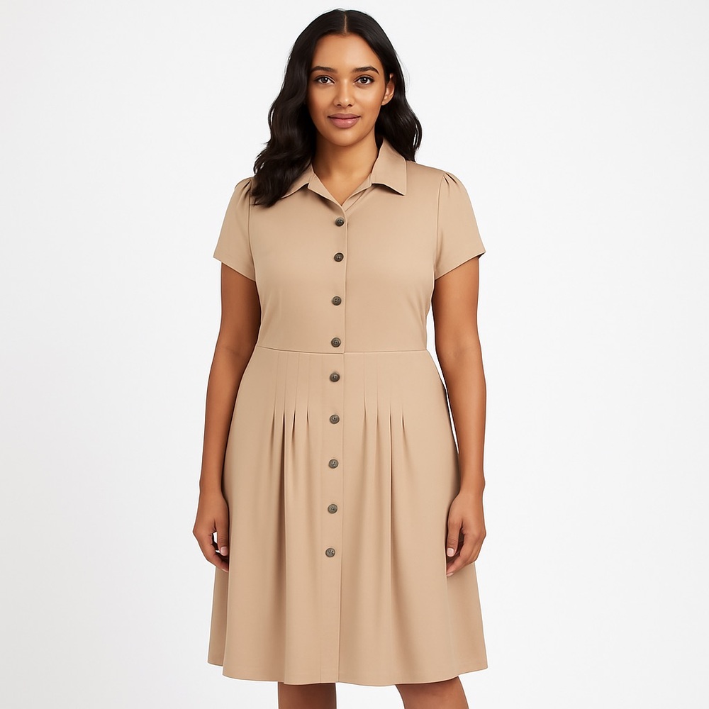 Perceptions Tan Button Front A-Line Shirt Dress Size 14